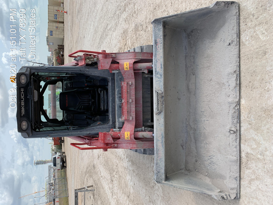 2019 Takeuchi TL10V2-CR Cab/Heat/AC, Rubber Tracks, Backup Alarm, Front & rear working Lights, Auxiliary Hydraulics, 2 Speed Travel, Engine Monitoring System, Hydraulic universal quick hitch w/76" HD smooth dirt bucket with bolt-on edge, 20.3 cubic feet capacity, 48" Pallet forks and frame