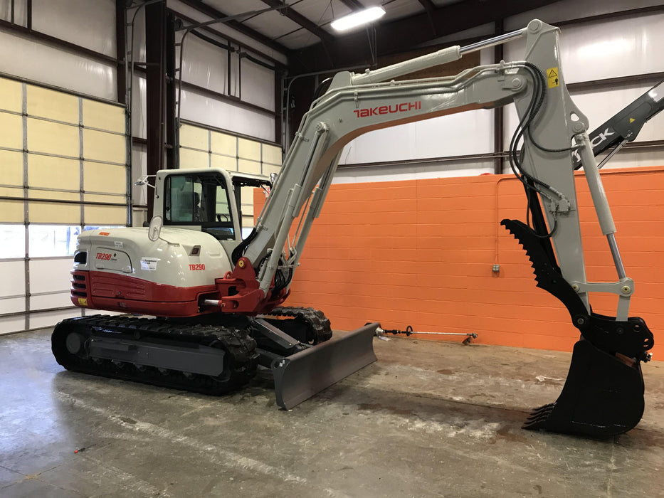 2019 Takeuchi TB290 Cab, AC, Rubber Tracks, Dozer Blade, Travel Alarm, Control Pattern Change Valve, Auxiliary Hydraulics w/18" Quick Coupler Bucket with teeth, 6.2 cu. ft. capacity/24" Quick Coupler Bucket with teeth, 8.6 cu. ft. capacity/36" Quick Coupler Bucket with teeth, 13.4 cu. ft. capacity, Quick Coupler, Hydraulic Thumb Installed