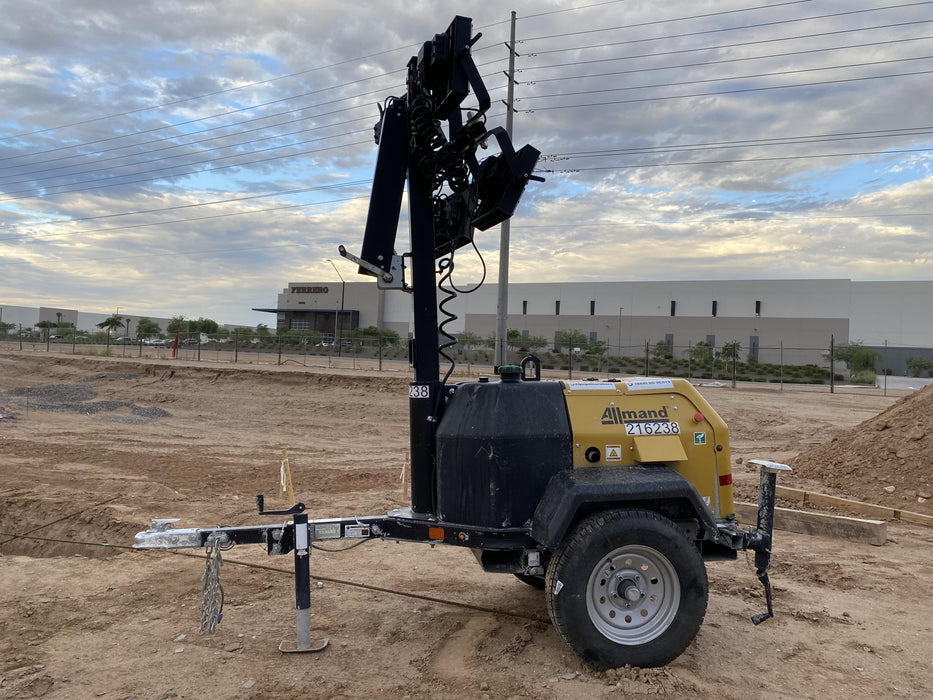 2022 Allmand NLV3GR (4) LED Light Fixture 350W, 23' Vertical Mast, 3kW Prime, Towable, Deep Sea L401, Leveling Jacks, Yanmar T4F 5.8hp