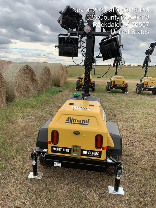 Allmand NLV3GR (4) LED Light Fixture 350W, 23' Vertical Mast, 3kW Prime, Towable, Deep Sea L401, Leveling Jacks, Yanmar T4F 5.8hp