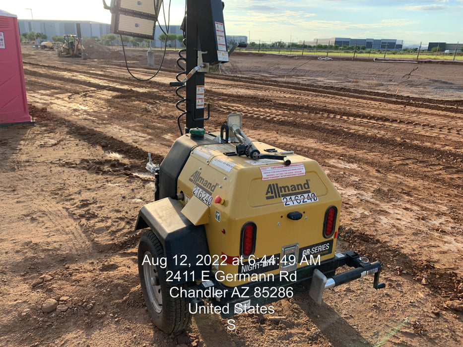 2022 Allmand NLV3GR (4) LED Light Fixture 350W, 23' Vertical Mast, 3kW Prime, Towable, Deep Sea L401, Leveling Jacks, Yanmar T4F 5.8hp