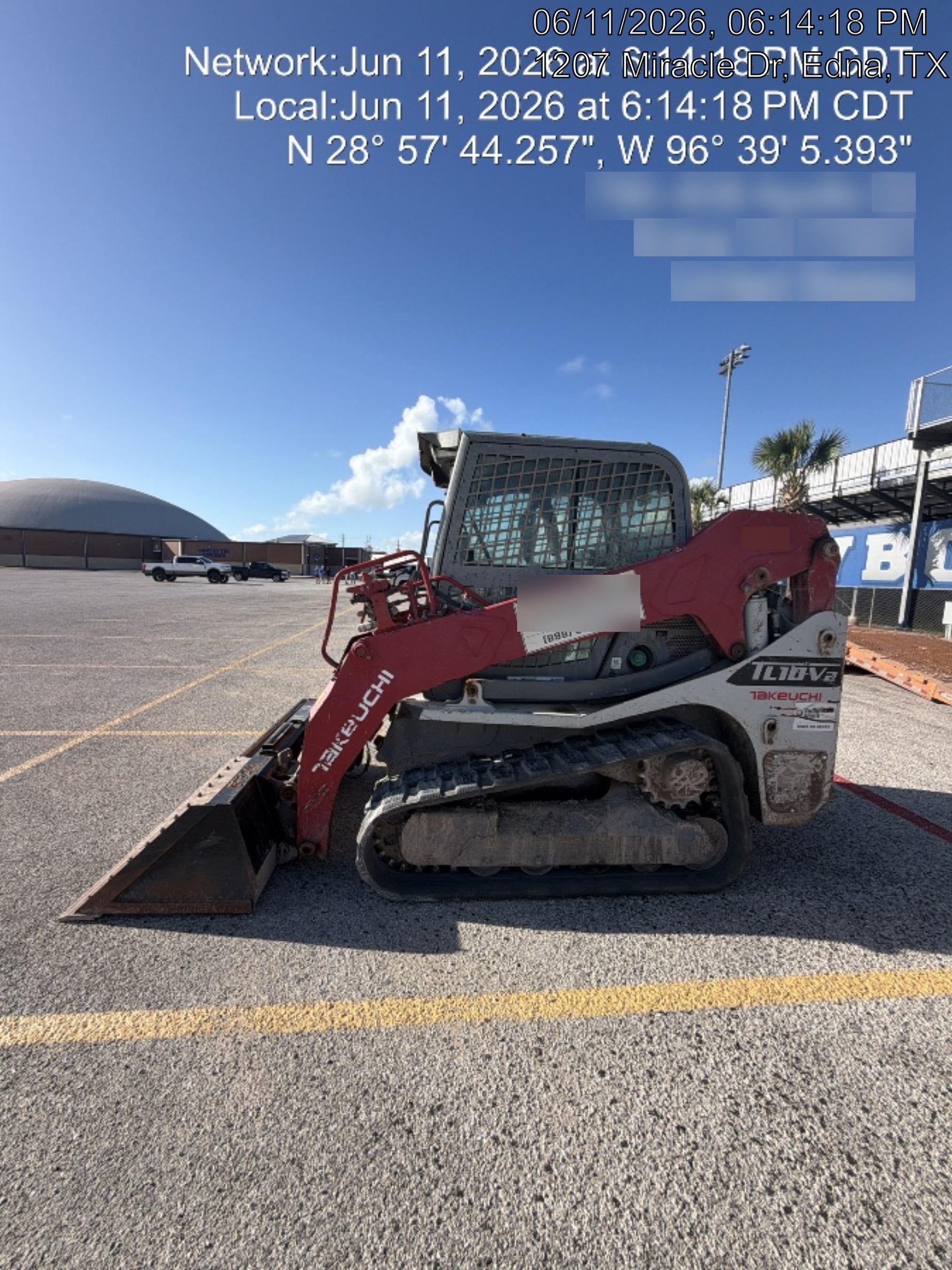 2019 Takeuchi TL10V2-CR Cab/Heat/AC, Rubber Tracks, Backup Alarm, Front & rear working Lights, Auxiliary Hydraulics, 2 Speed Travel, Engine Monitoring System, Hydraulic universal quick hitch w/76" HD smooth dirt bucket with bolt-on edge, 20.3 cubic feet capacity, 48" Pallet forks and frame