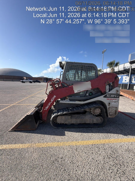 2019 Takeuchi TL10V2-CR Cab/Heat/AC, Rubber Tracks, Backup Alarm, Front & rear working Lights, Auxiliary Hydraulics, 2 Speed Travel, Engine Monitoring System, Hydraulic universal quick hitch w/76" HD smooth dirt bucket with bolt-on edge, 20.3 cubic feet capacity, 48" Pallet forks and frame
