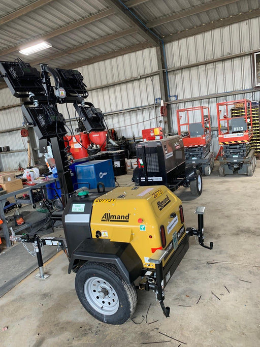 2022 Allmand NLV3GR (4) LED Light Fixture 350W, 23' Vertical Mast, 3kW Prime, Towable, Deep Sea L401, Leveling Jacks, Yanmar T4F 5.8hp