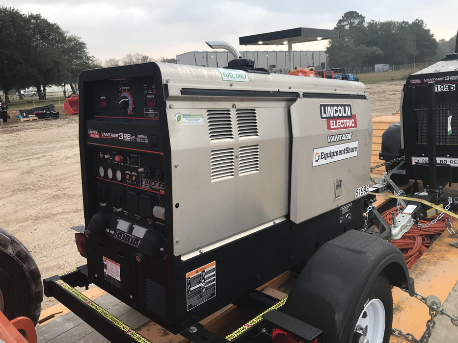 2019 Lincoln Electric Vantage 322 Welder Ready-Pak 3, Two wheel trailer, Fender and Light kit, Cable Rack
