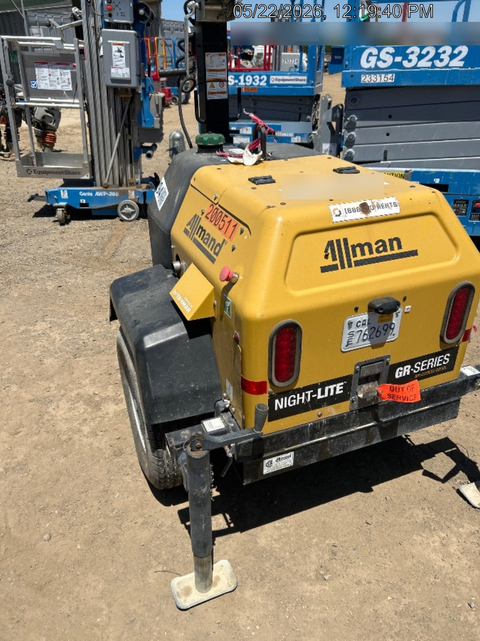 2022 Allmand NLV3GR (4) LED Light Fixture 350W, 23' Vertical Mast, 3kW Prime, Towable, Deep Sea L401, Leveling Jacks, Yanmar T4F 5.8hp