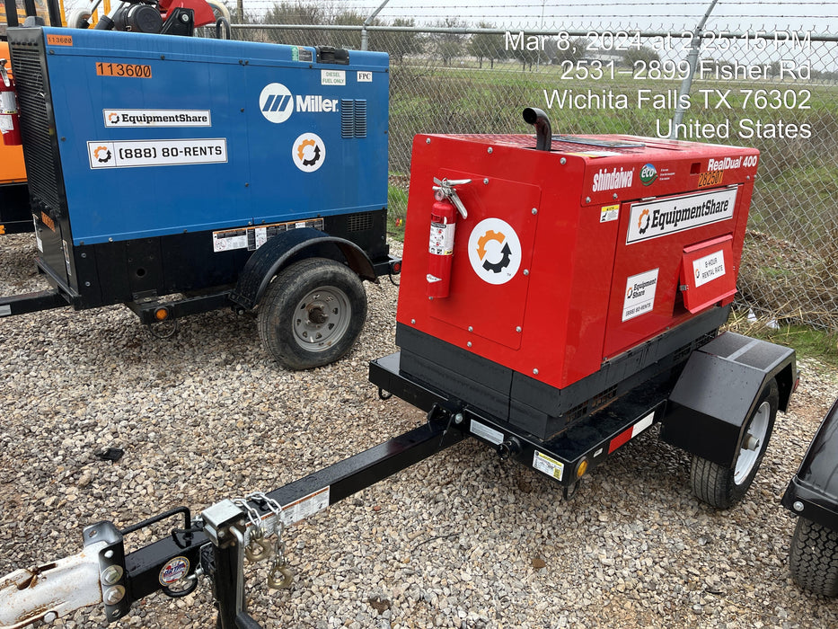 2022 Shindaiwa DGW400MDL Kubota D902 Engine, 23 HP, Dual Op Welder, Wire, Arc, Droop Stick, Tig, and CC Stick Functionality, Simulphase, 3 Phase and 1 Phase Gen Output, Single Axle NB Trlr, Slr Trckl Chrg 12V 12W, Fire Ext