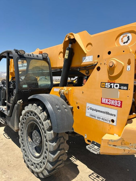 2019 JCB 510-56 74 HP w/Open ROPS, Beacon, Aux Hydraulics, Worklights, Solid Tires w/60" Carriage/Forks