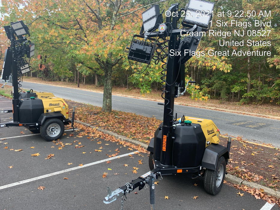 2021 Allmand NLV3GR (4) LED Light Fixture 350W, 23' Vertical Mast, 3kW Prime, Towable, Deep Sea L401, Leveling Jacks, Yanmar T4F 5.8hp