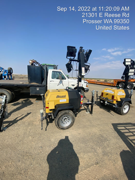 2020 Allmand NLV3GR (4) LED Light Fixture 350W, 23' Vertical Mast, 3kW Prime, Towable, Deep Sea L401, Leveling Jacks, Yanmar T4F 5.8hp