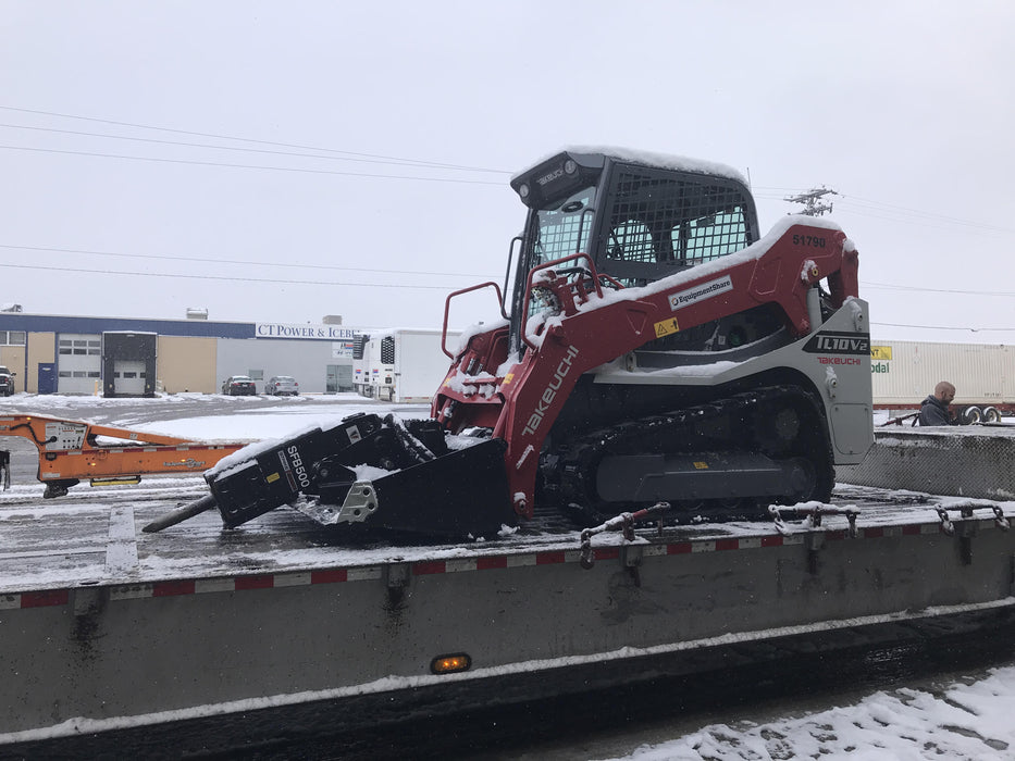 2019 Takeuchi TL10V2-CR Cab/Heat/AC, Rubber Tracks, Backup Alarm, Front & rear working Lights, Auxiliary Hydraulics, 2 Speed Travel, Engine Monitoring System, Hydraulic universal quick hitch w/76" HD dirt bucket with 8 teeth, 20.3 cubic feet capacity, 48" Pallet forks and frame