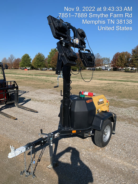 2022 Allmand NLV3GR (4) LED Light Fixture 350W, 23' Vertical Mast, 3kW Prime, Towable, Deep Sea L401, Leveling Jacks, Yanmar T4F 5.8hp