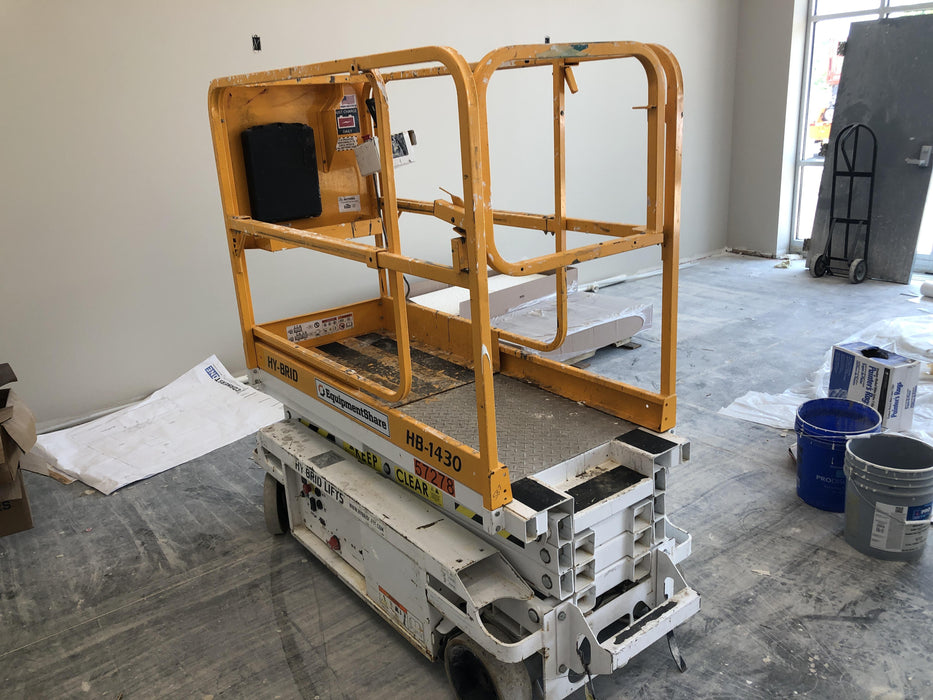 Custom Equipment HB-1430 Hy-Brid Scissor Lift
Platform capacity up to 670 lbs
Working height up to 20 ft
Weighs under 1,700 lbs
Non-marking wheels