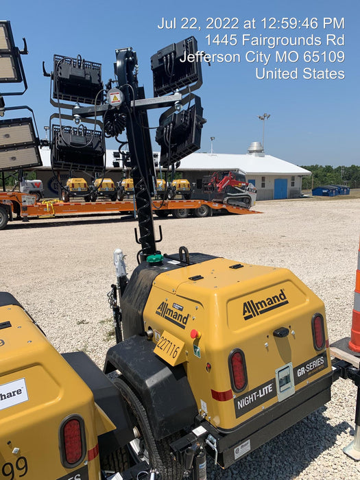 2022 Allmand NLV3GR (4) LED Light Fixture 350W, 23' Vertical Mast, 3kW Prime, Towable, Deep Sea L401, Leveling Jacks, Yanmar T4F 5.8hp