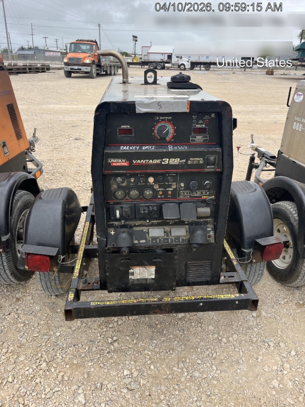 2019 Lincoln Electric Vantage 322 Ready-Pak 3, Two Wheel Trailer, Fender and Light Kit, Cable Rack