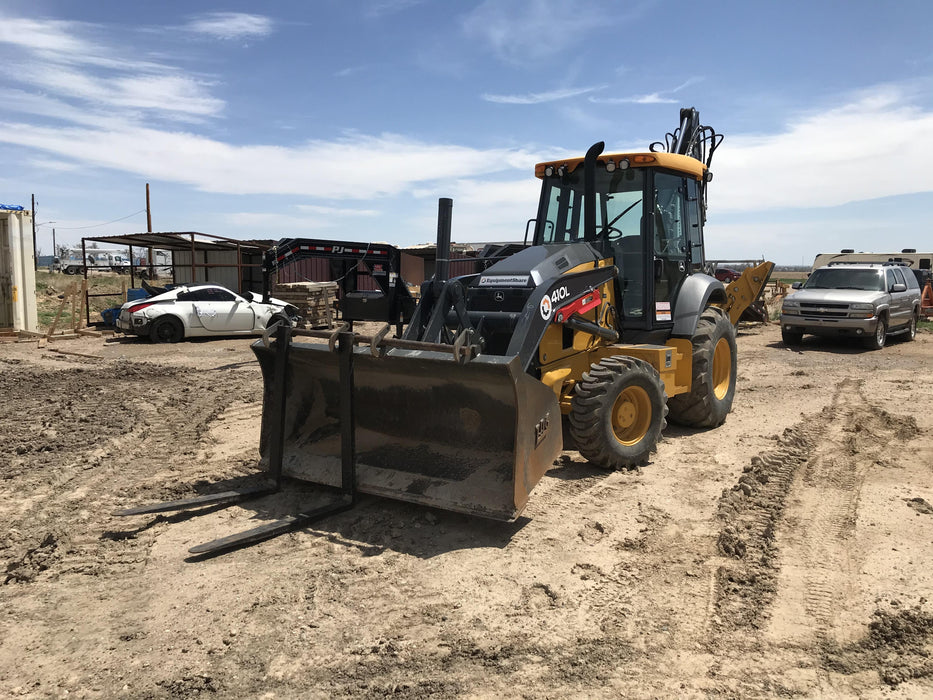 2019 John Deere 410L 4WD, CAB/HVAC, Standard Dipperstick, ISO Controls, Rear Aux Hydraulics, Manual QC, 1.5 Yd Bucket w/Forks, 24" Bucket