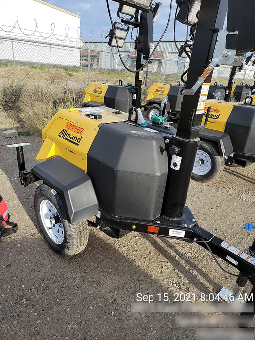 2021 Allmand NLV3GR (4) LED Light Fixture 350W, 23' Vertical Mast, 3kW Prime, Towable, Deep Sea L401, Leveling Jacks, Yanmar T4F 5.8hp