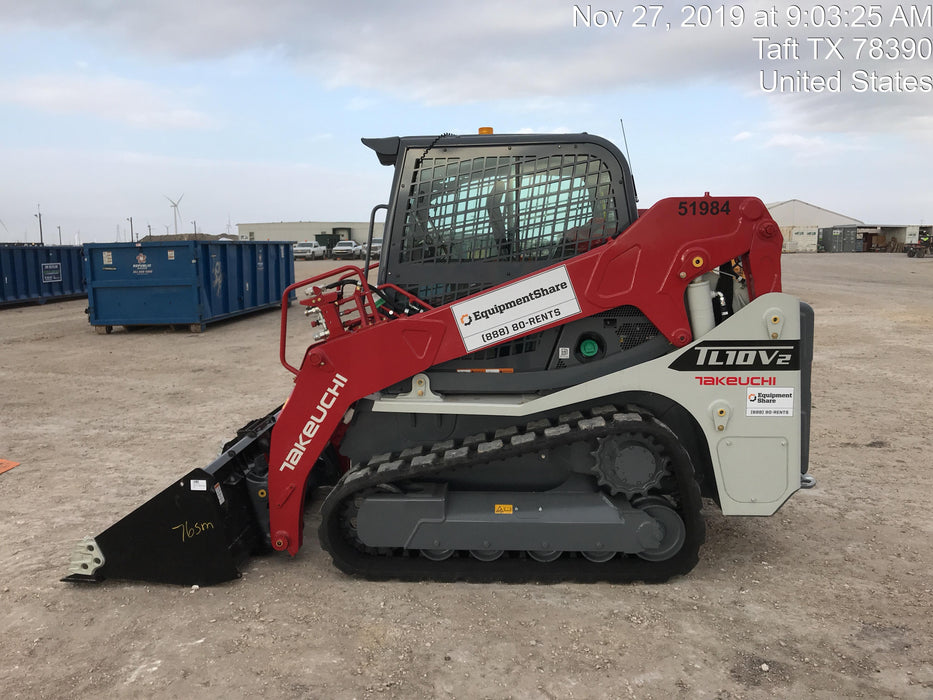2019 Takeuchi TL10V2-CR Cab/Heat/AC, Rubber Tracks, Backup Alarm, Front & rear working Lights, Auxiliary Hydraulics, 2 Speed Travel, Engine Monitoring System, Hydraulic universal quick hitch w/76" HD smooth dirt bucket with bolt-on edge, 20.3 cubic feet capacity, 48" Pallet forks and frame