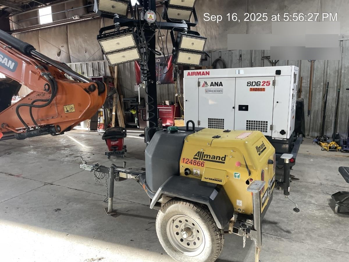 2020 Allmand NLV3GR (4) LED Light Fixture 350W, 23' Vertical Mast, 3kW Prime, Towable, Deep Sea L401, Leveling Jacks, Yanmar T4F 5.8hp