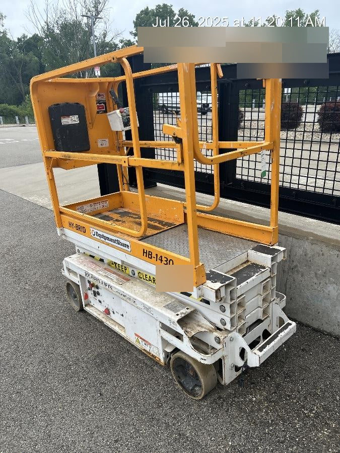 Custom Equipment HB-1430 <ul>
 <li>Hy-Brid Scissor Lift</li>
  <li>Platform capacity up to 670 lbs.</li>
  <li>Working height up to 20 ft</li>
  <li>Weighs under 1,700 lbs.</li>
  <li>Non-marking wheels </li>
</ul>