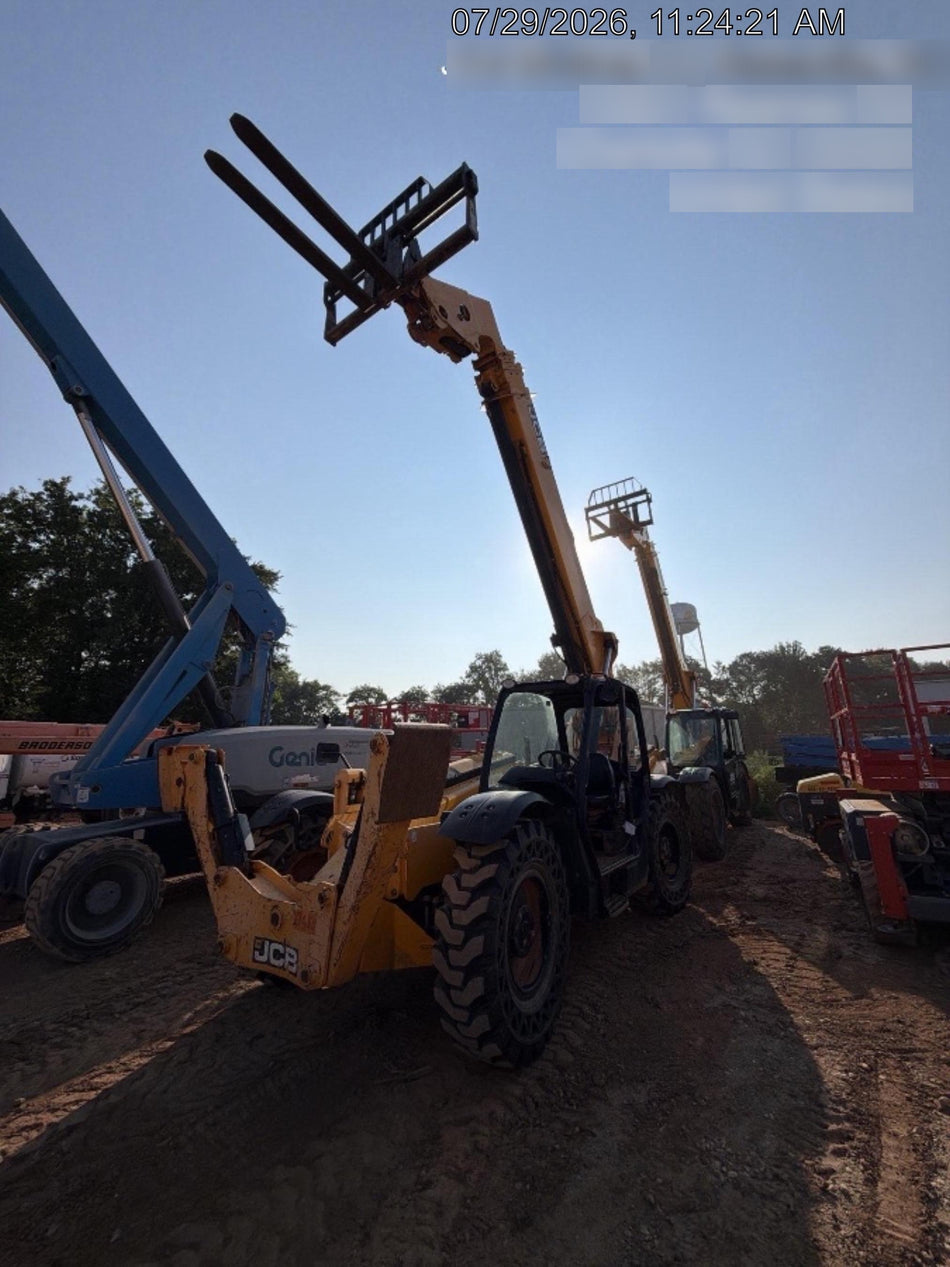 2019 JCB 510-56 Open ROPS, 74 HP, Solid Tires, Worklights, Beacon, Aux Hydraulics, Lifting Eye w/60" Carriage/60" Forks