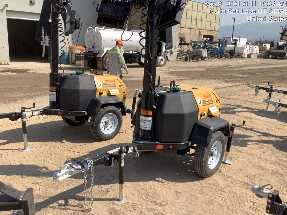 2021 Allmand NLV3GR (4) LED Light Fixture 350W, 23' Vertical Mast, 3kW Prime, Towable, Deep Sea L401, Leveling Jacks, Yanmar T4F 5.8hp