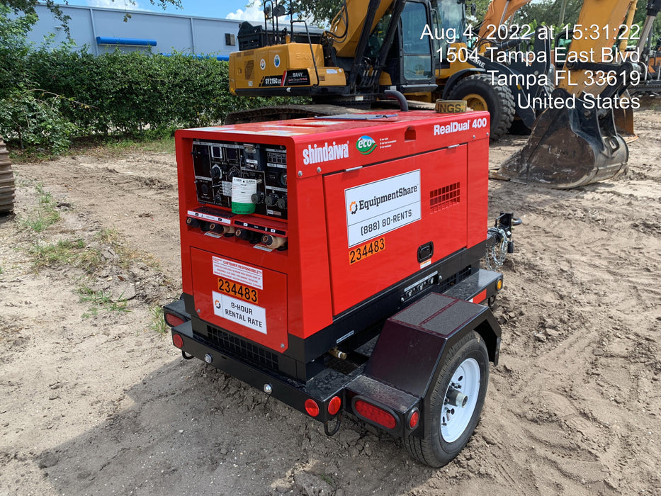 2022 Shindaiwa DGW400MDL Kubota D902 Engine, 23 HP, Dual Op Welder, Wire, Arc, Droop Stick, Tig, and CC Stick Functionality, Simulphase, 3 Phase and 1 Phase Gen Output, Single Axle NB Trlr, Slr Trckl Chrg 12V 12W, Fire Ext