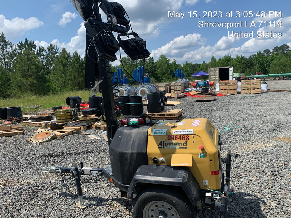 2022 Allmand NLV3GR (4) LED Light Fixture 350W, 23' Vertical Mast, 3kW Prime, Towable, Deep Sea L401, Leveling Jacks, Yanmar T4F 5.8hp