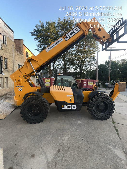 2020 JCB 510-56 Cab/Heat/Air, 74 HP, Solid Tires, STD Worklight, Beacon, Aux Hydraulics, Lifting Eye, Back up Alarm w/66" Carriage/60" Forks
