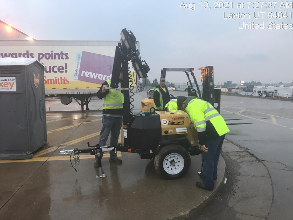 2021 Allmand NLV3GR (4) LED Light Fixture 350W, 23' Vertical Mast, 3kW Prime, Towable, Deep Sea L401, Leveling Jacks, Yanmar T4F 5.8hp