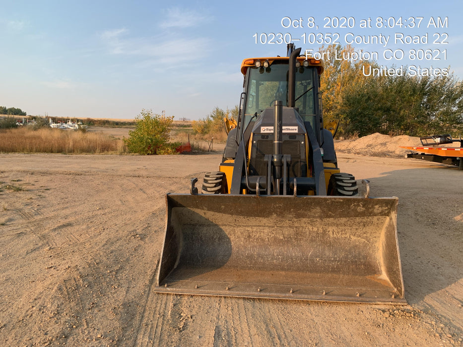 2019 John Deere 410L 4WD, CAB/HVAC, Standard Dipperstick, ISO Controls, Rear Aux Hydraulics, Manual QC, 1.5 Yd Bucket w/Forks, 24" Bucket