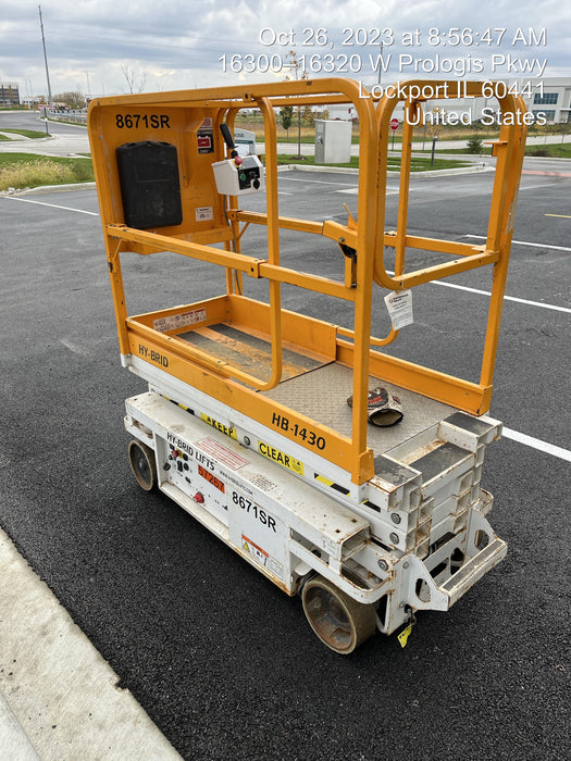 Custom Equipment HB-1430 <ul>
 <li>Hy-Brid Scissor Lift</li>
  <li>Platform capacity up to 670 lbs.</li>
  <li>Working height up to 20 ft</li>
  <li>Weighs under 1,700 lbs.</li>
  <li>Non-marking wheels </li>
</ul>