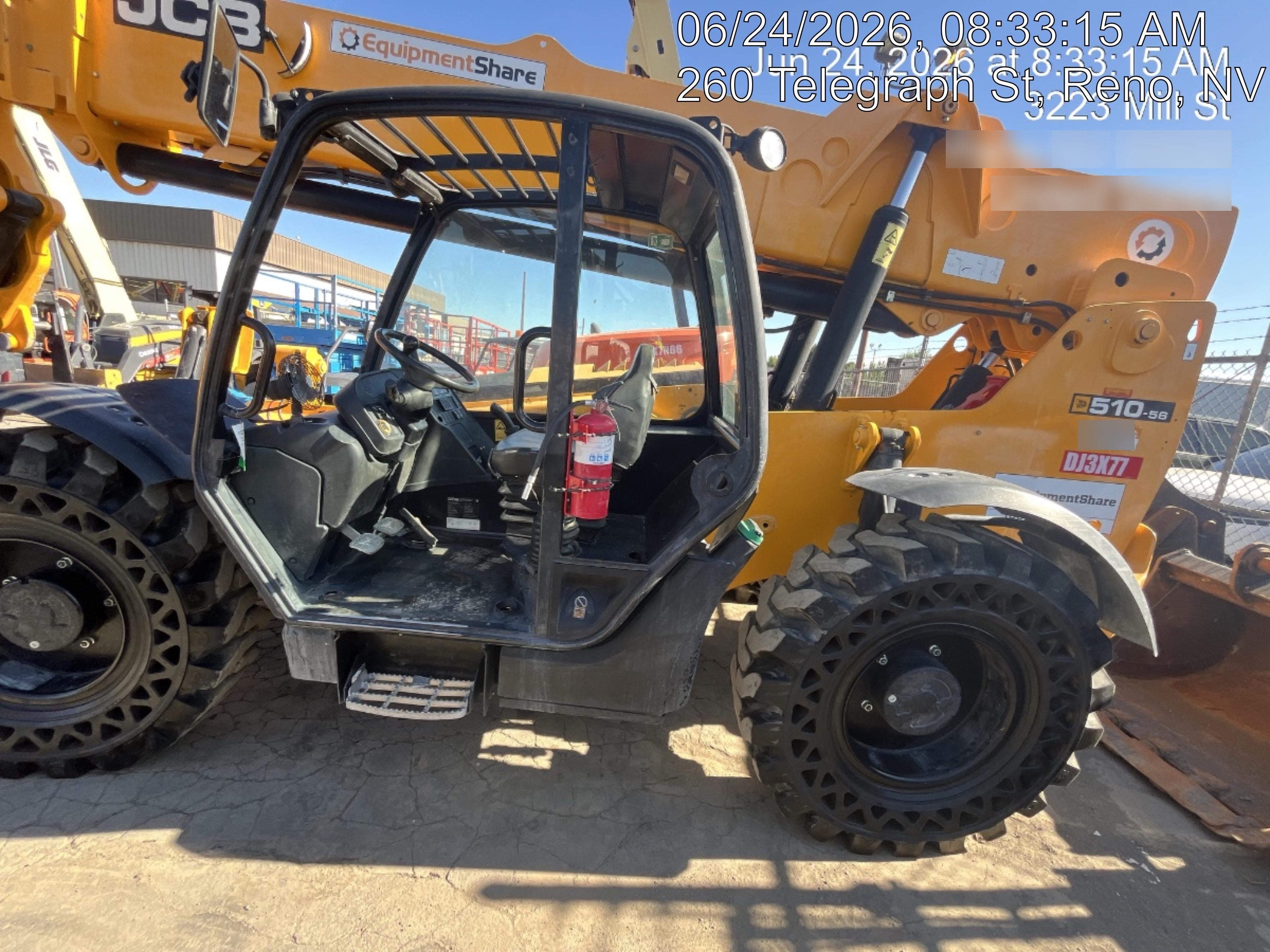 2019 JCB 510-56 74 HP w/Open ROPS, Beacon, Aux Hydraulics, Worklights, Solid Tires w/60" Carriage/Forks