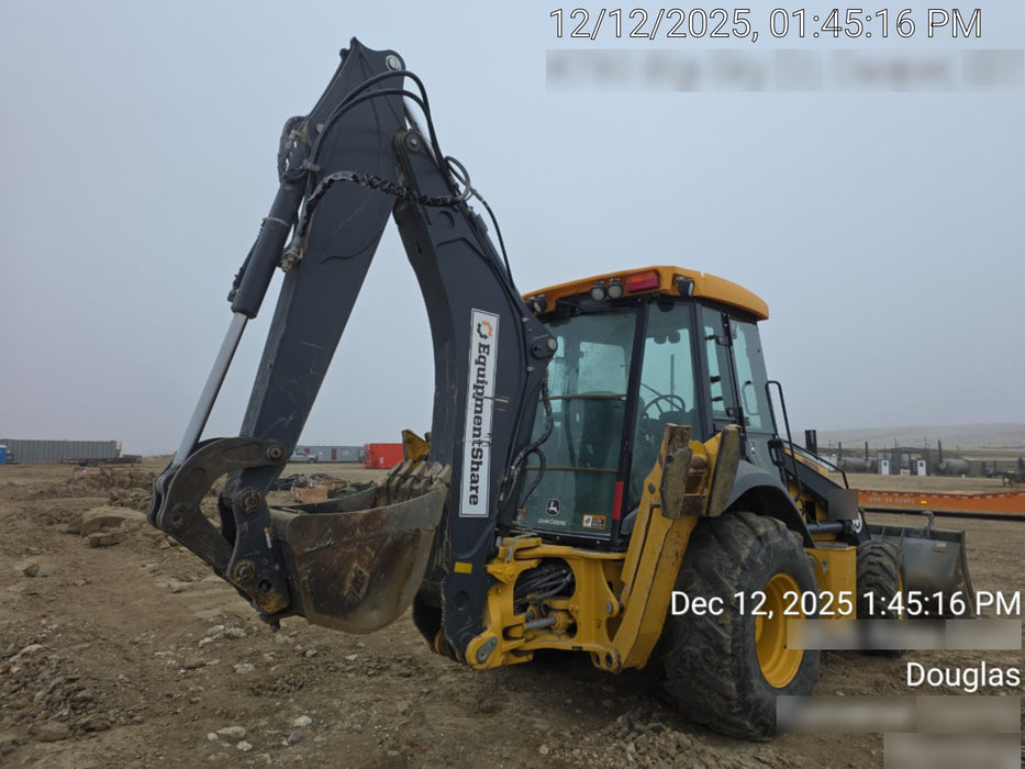2019 John Deere 410L 4WD, CAB/HVAC, Standard Dipperstick, ISO Controls, Rear Aux Hydraulics, Manual QC, 1.5 Yd Bucket w/Forks, 24" Bucket