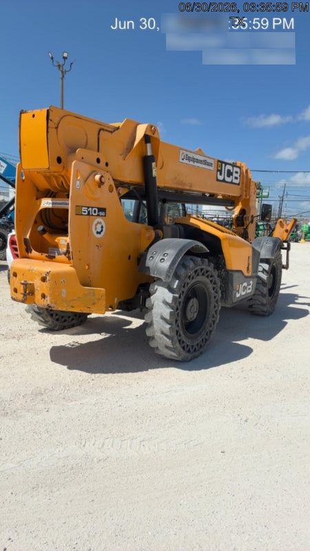 2019 JCB 510-56 Open ROPS, 74 HP, Solid Tires, Worklights, Beacon, Aux Hydraulics, Lifting Eye w/66" Carriage/60" Forks