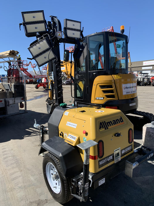 Allmand NLV3GR (4) LED Light Fixture 350W, 23' Vertical Mast, 3kW Prime, Towable, Deep Sea L401, Leveling Jacks, Yanmar T4F 5.8hp