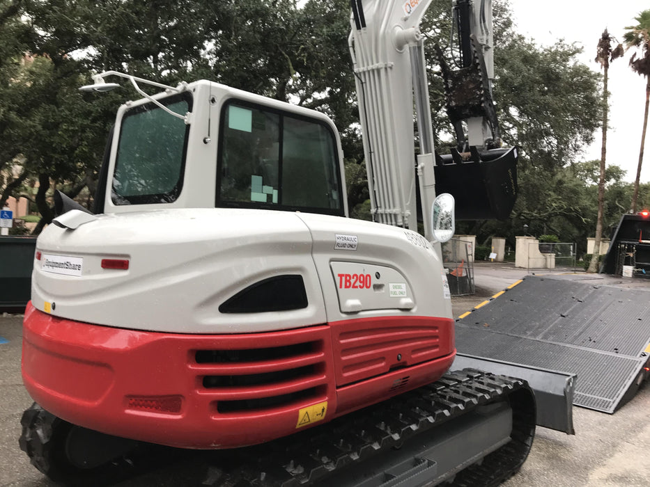 2019 Takeuchi TB290 Cab, AC, Rubber Tracks, Dozer Blade, Travel Alarm, Control Pattern Change Valve, Auxiliary Hydraulics w/18" Quick Coupler Bucket with teeth, 6.2 cu. ft. capacity/24" Quick Coupler Bucket with teeth, 8.6 cu. ft. capacity/36" Quick Coupler Bucket with teeth, 13.4 cu. ft. capacity, Quick Coupler, Hydraulic Thumb Installed