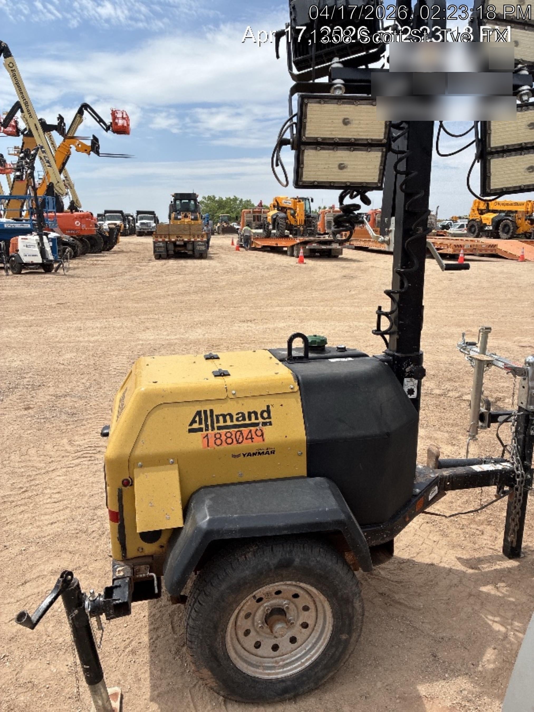 Allmand NLV3GR (4) LED Light Fixture 350W, 23' Vertical Mast, 3kW Prime, Towable, Deep Sea L401, Leveling Jacks, Yanmar T4F 5.8hp
