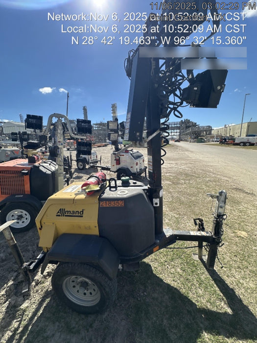 2022 Allmand NLV3GR (4) LED Light Fixture 350W, 23' Vertical Mast, 3kW Prime, Towable, Deep Sea L401, Leveling Jacks, Yanmar T4F 5.8hp