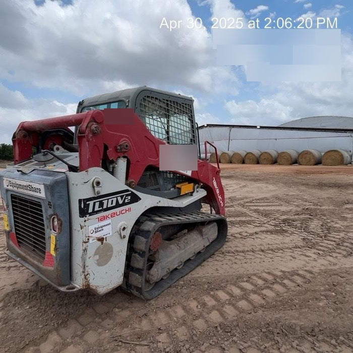2019 Takeuchi TL10V2-CR Cab/Heat/AC, Rubber Tracks, Backup Alarm, Front & rear working Lights, Auxiliary Hydraulics, 2 Speed Travel, Engine Monitoring System, Hydraulic universal quick hitch w/76" HD smooth dirt bucket with bolt-on edge, 20.3 cubic feet capacity, 48" Pallet forks and frame