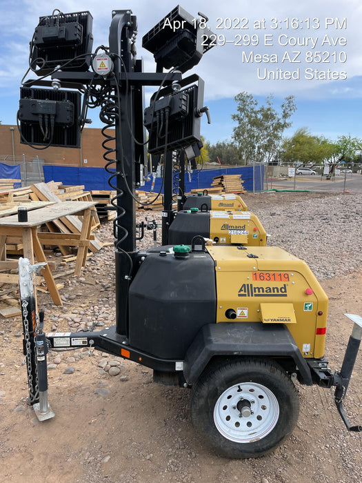 2022 Allmand NLV3GR (4) LED Light Fixture 350W, 23' Vertical Mast, 3kW Prime, Towable, Deep Sea L401, Leveling Jacks, Yanmar T4F 5.8hp