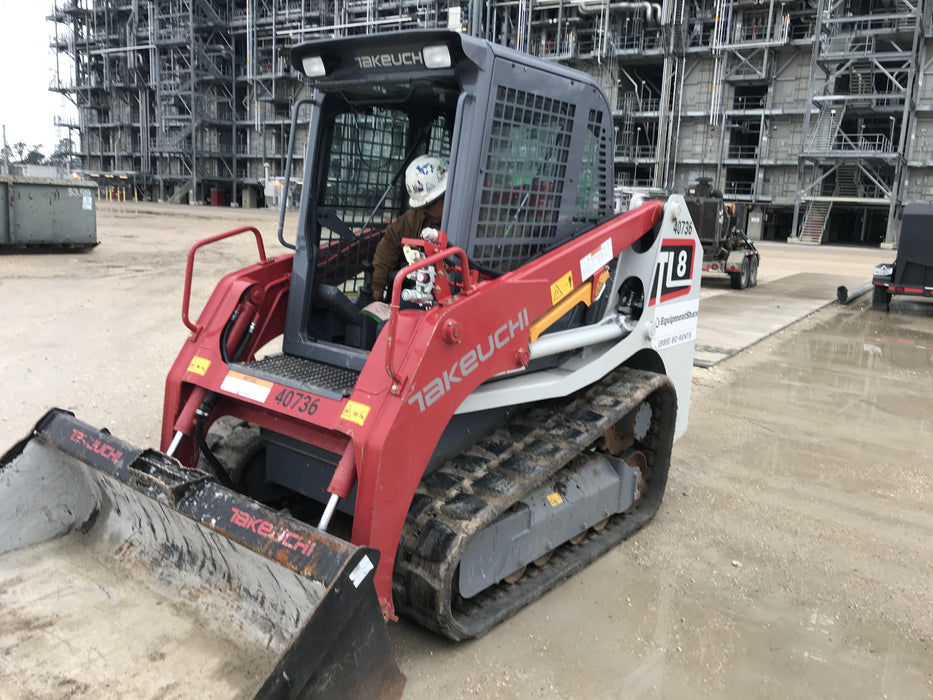 2019 Takeuchi TL8 Cab, Heat/AC, Defroster, 15" Wide Rubber Tracks, Back-up Alarm, Front & Rear Working Lights, Auxiliary Hydraulics, Two-Speed Travel, Electronic Monitoring System, Hydraulic Universal Quick Hitch 76" HD Smooth Dirt Bucket with Bolt-On Edge, 20.3 cubic feet Capacity