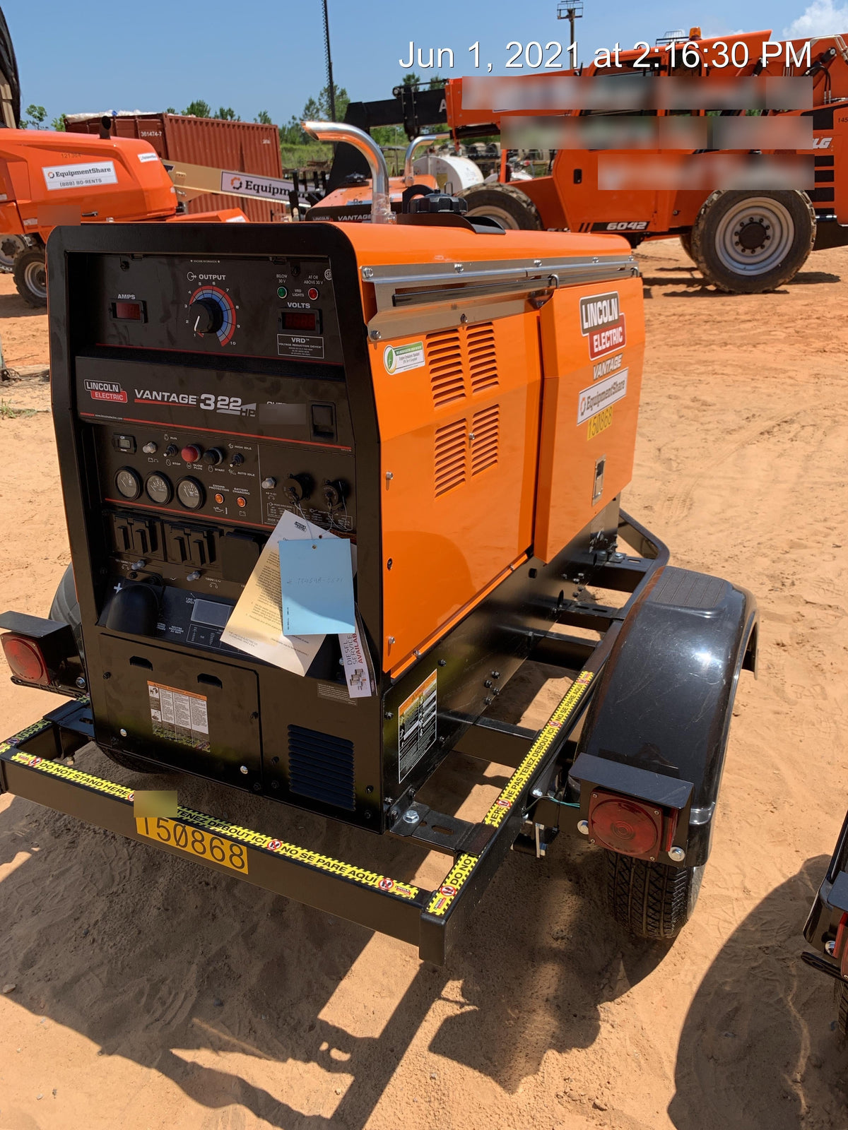 2021 Lincoln Electric Vantage 322 Vantage 322 Ready Pak 3 w/ Telematics & Decals, ORANGE (includes trailer, cable rack, fender light kit)