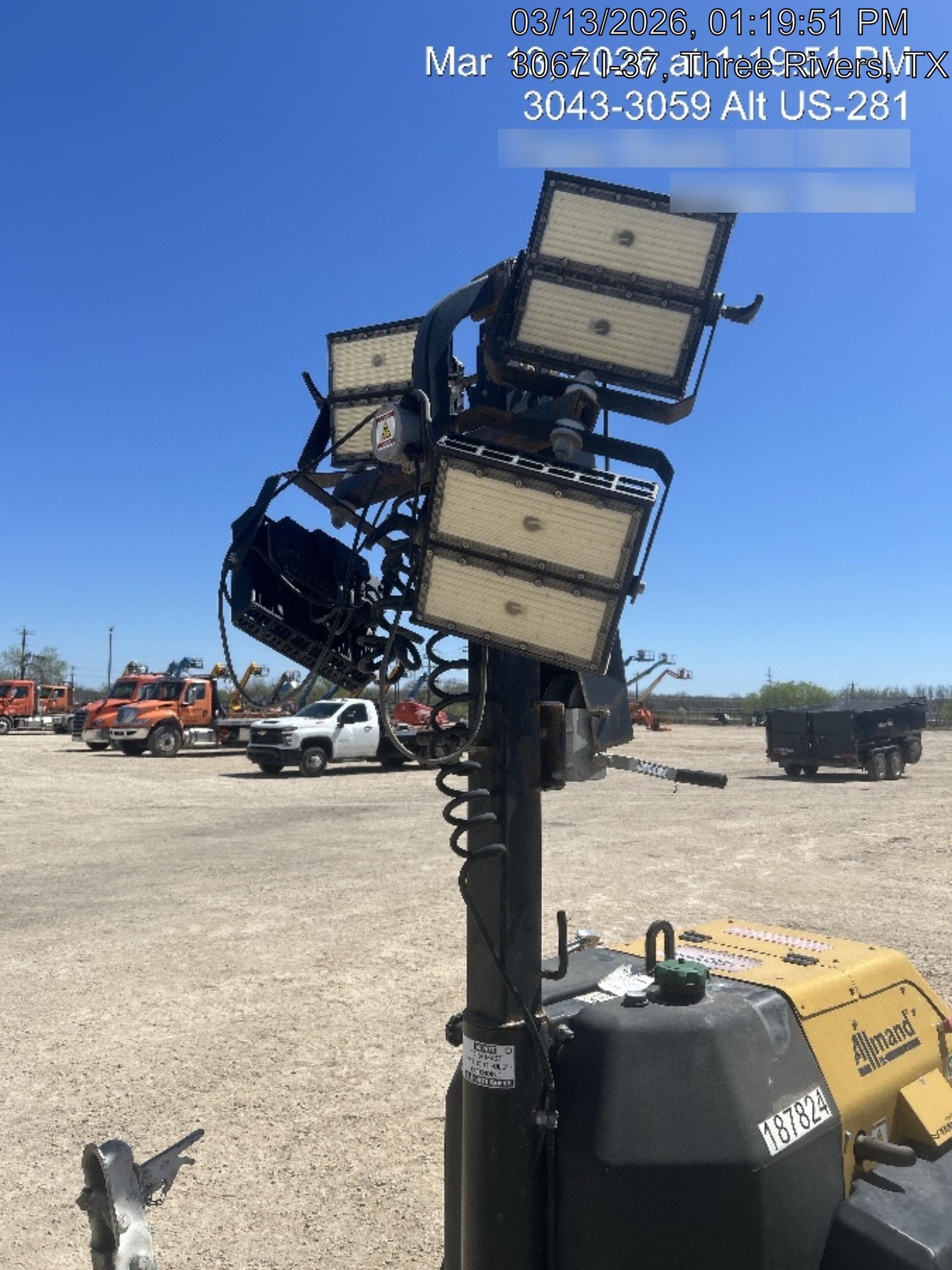 Allmand NLV3GR (4) LED Light Fixture 350W, 23' Vertical Mast, 3kW Prime, Towable, Deep Sea L401, Leveling Jacks, Yanmar T4F 5.8hp