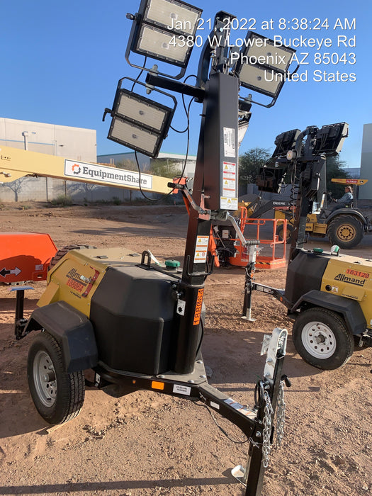 Allmand NLV3GR (4) LED Light Fixture 350W, 23' Vertical Mast, 3kW Prime, Towable, Deep Sea L401, Leveling Jacks, Yanmar T4F 5.8hp