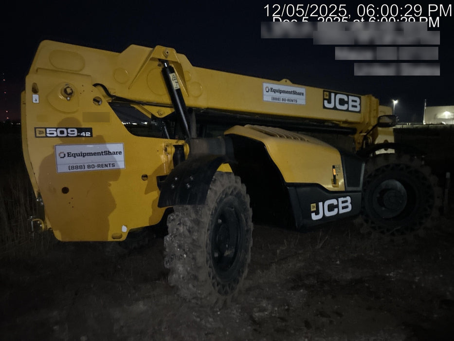 2019 JCB 509-42 74 HP w/Open ROPS, Beacon, Aux Hydraulics, LED Work lights, Solid Tires 66" Carriage/60" Forks