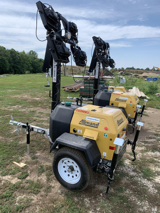 2021 Allmand NLV3GR (4) LED Light Fixture 350W, 23' Vertical Mast, 3kW Prime, Towable, Deep Sea L401, Leveling Jacks, Yanmar T4F 5.8hp