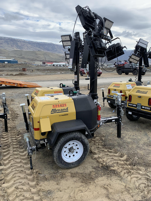 2021 Allmand NLV3GR (4) LED Light Fixture 350W, 23' Vertical Mast, 3kW Prime, Towable, Deep Sea L401, Leveling Jacks, Yanmar T4F 5.8hp