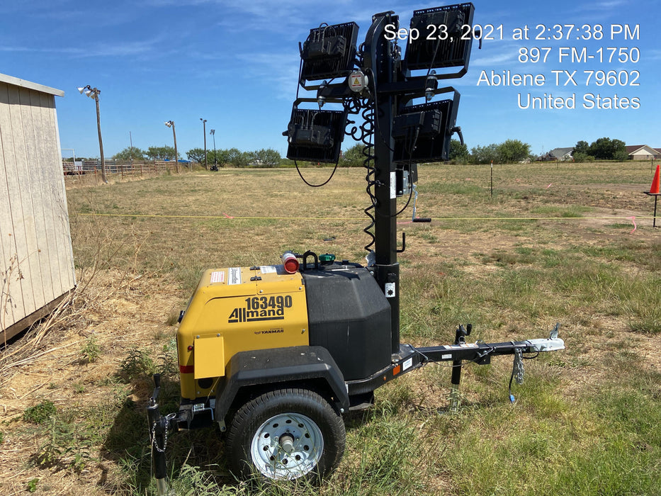 2021 Allmand NLV3GR (4) LED Light Fixture 350W, 23' Vertical Mast, 3kW Prime, Towable, Deep Sea L401, Leveling Jacks, Yanmar T4F 5.8hp