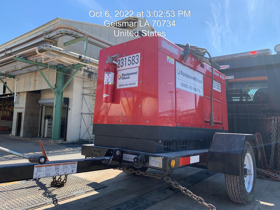 2022 Shindaiwa DGW400MDL Kubota D902 Engine, 23 HP, Dual Op Welder, Wire, Arc, Droop Stick, Tig, and CC Stick Functionality, Simulphase, 3 Phase and 1 Phase Gen Output, Single Axle NB Trlr, Slr Trckl Chrg 12V 12W, Fire Ext
